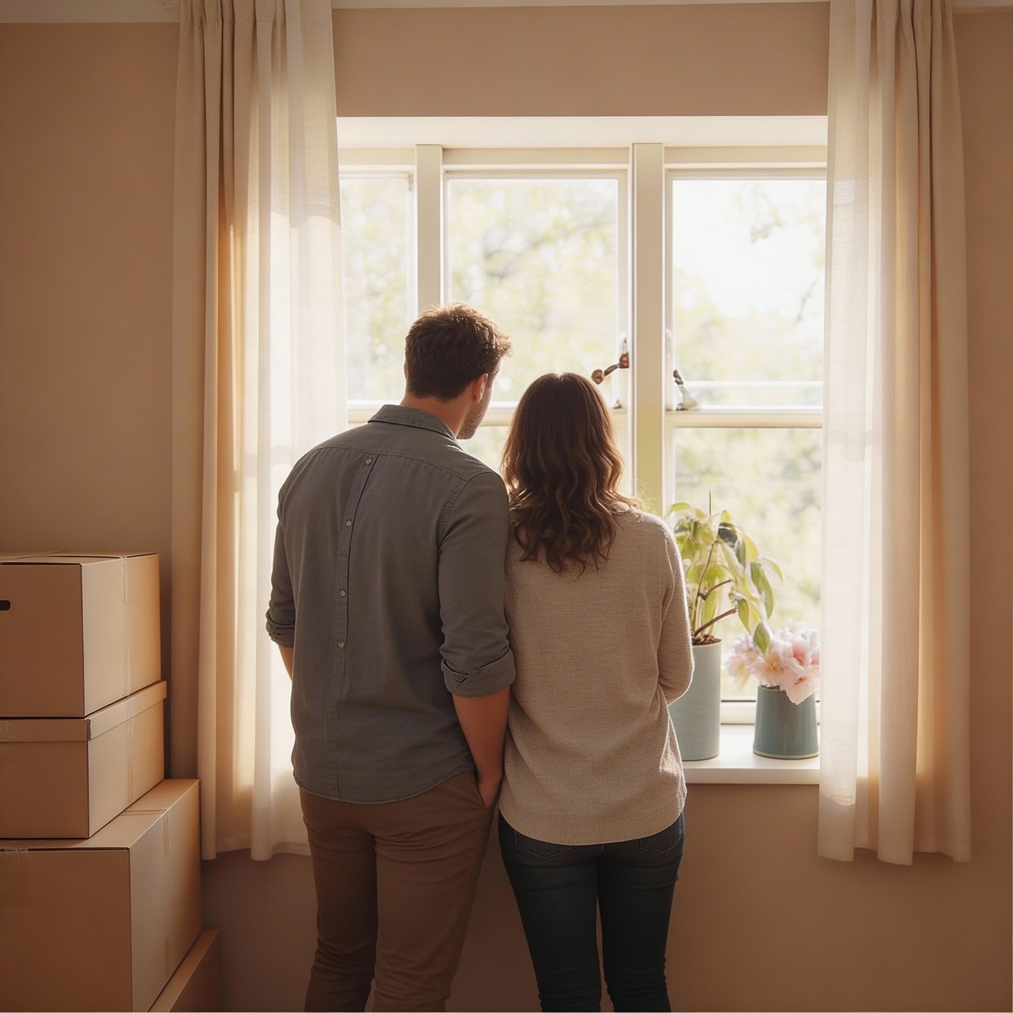 Couple looking out a window with moving boxes in the background Couple looking out a window with moving boxes in the background