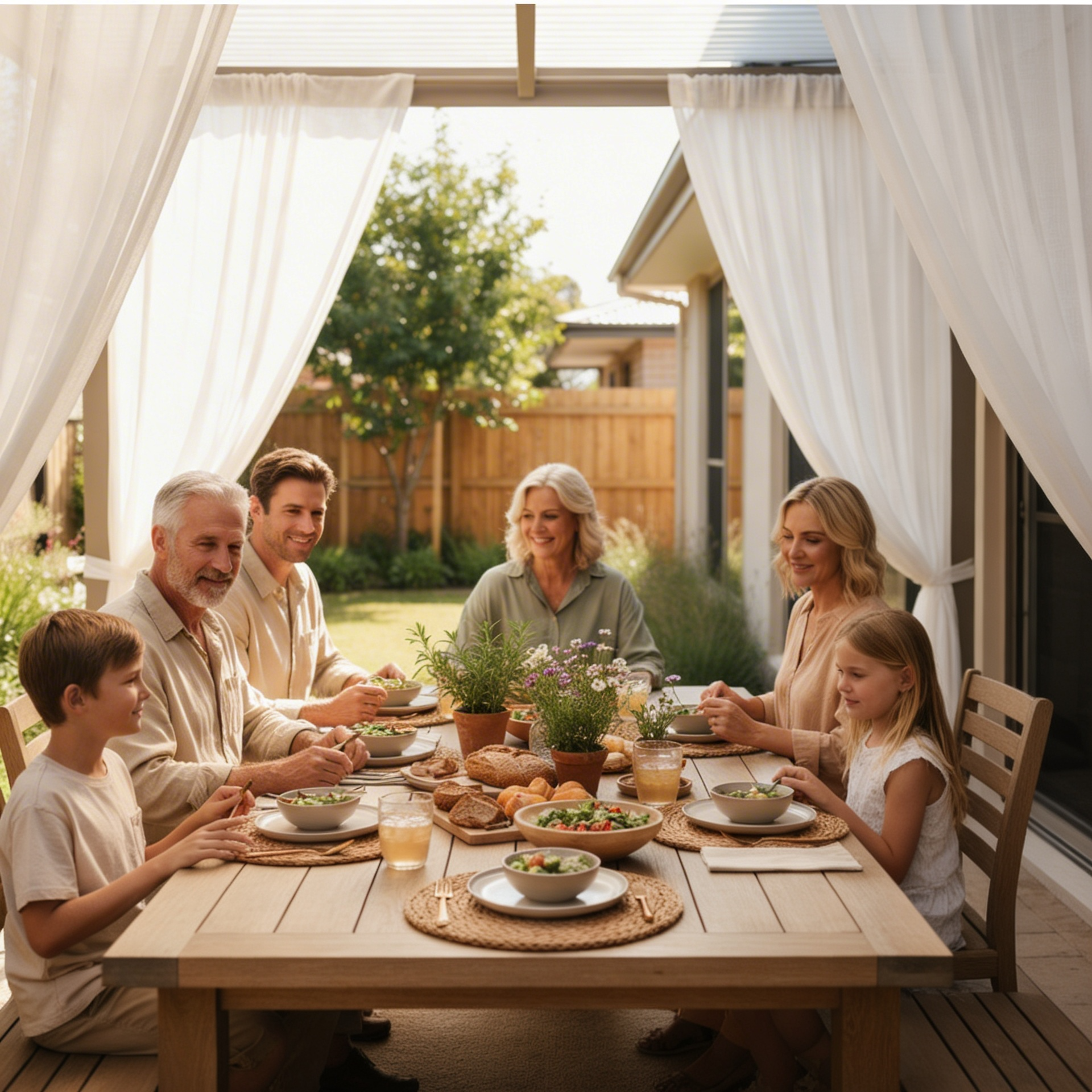 Family having dinner in backyard together