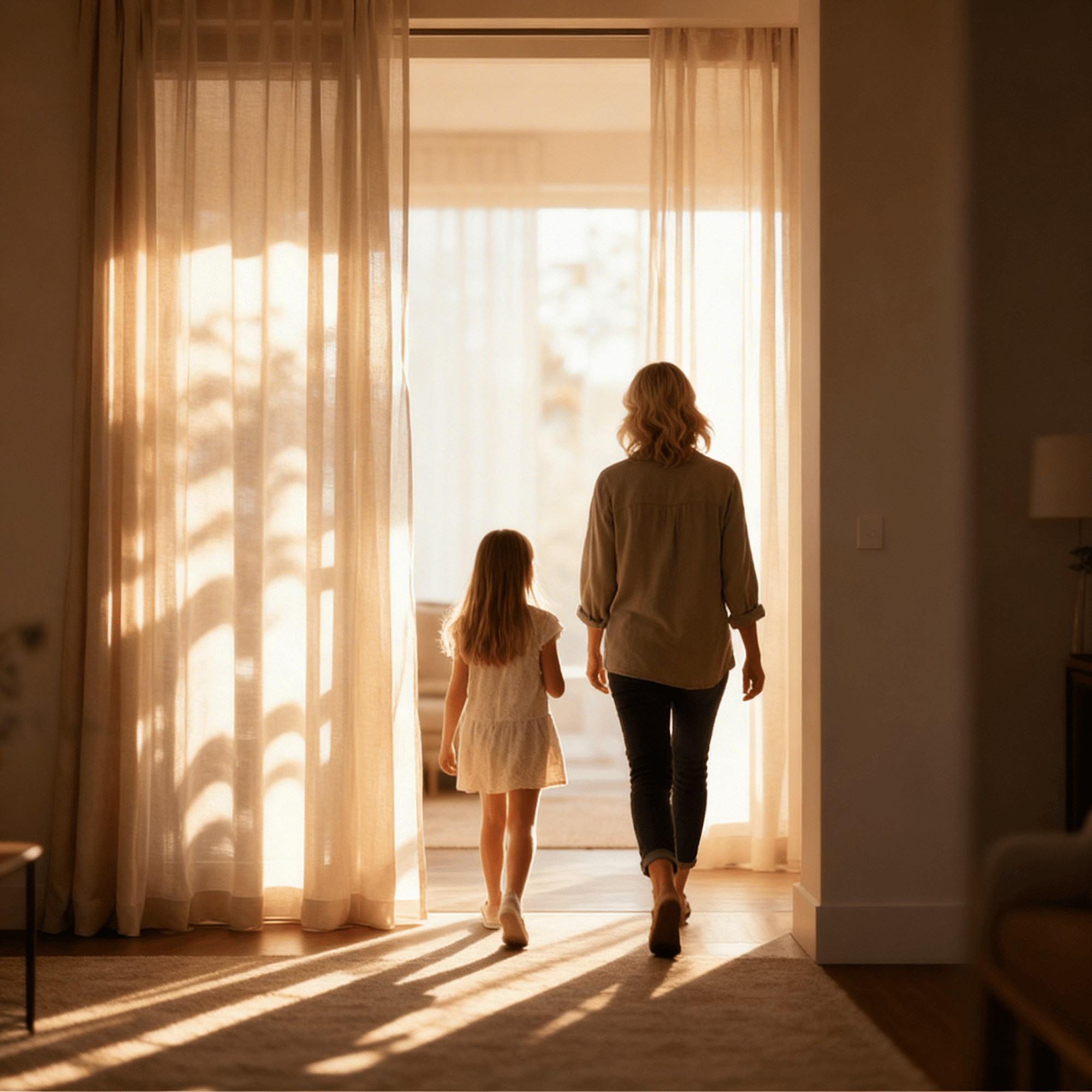 Mother and daughter walking through an open home