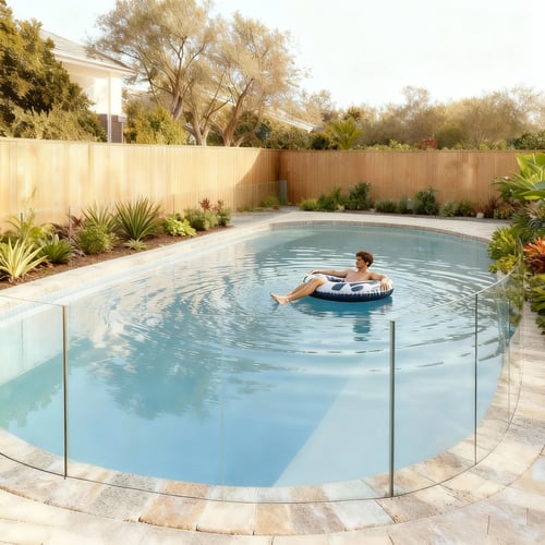 Fenced pool with person floating in it Fenced pool with person floating in it