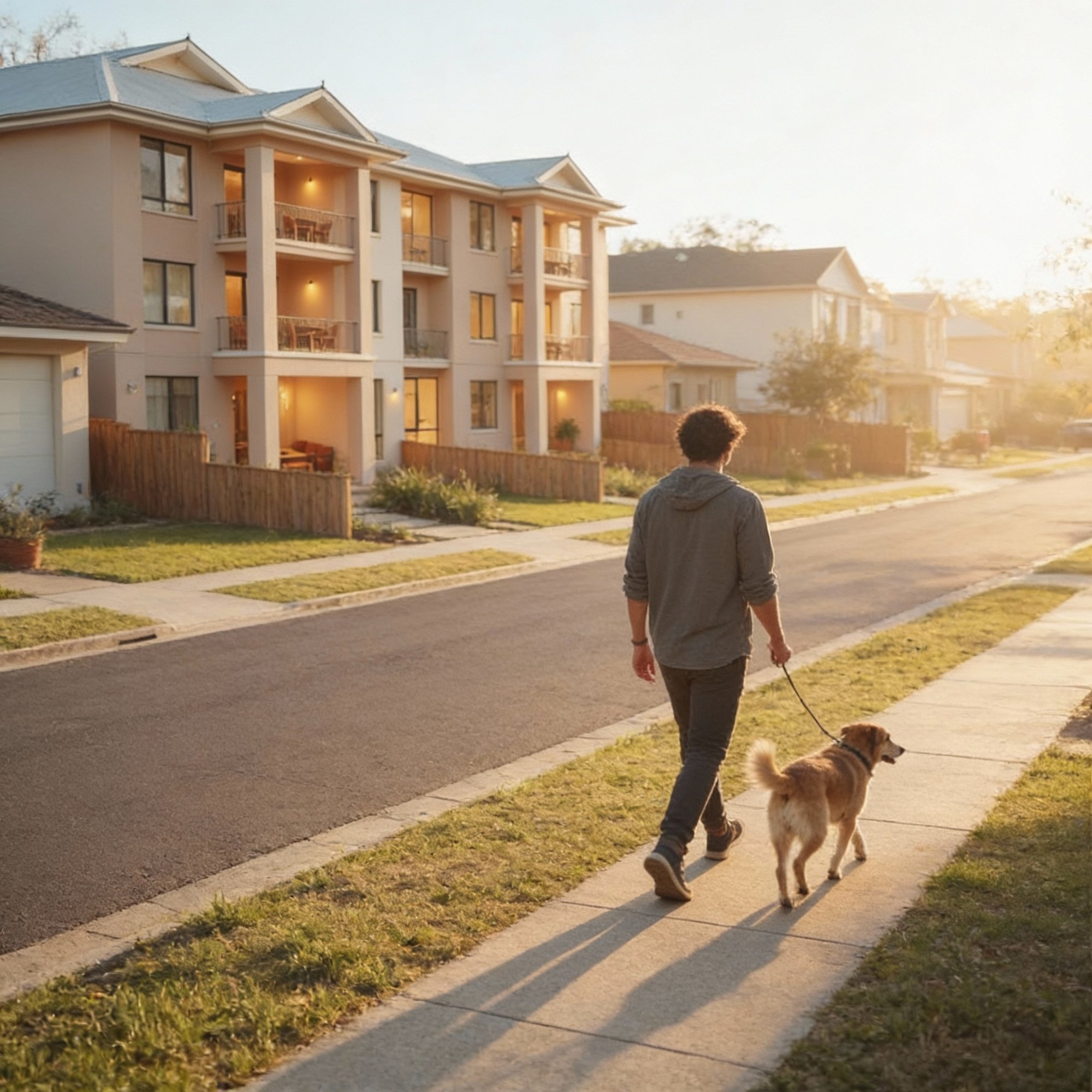 Person walking their dog past apartments