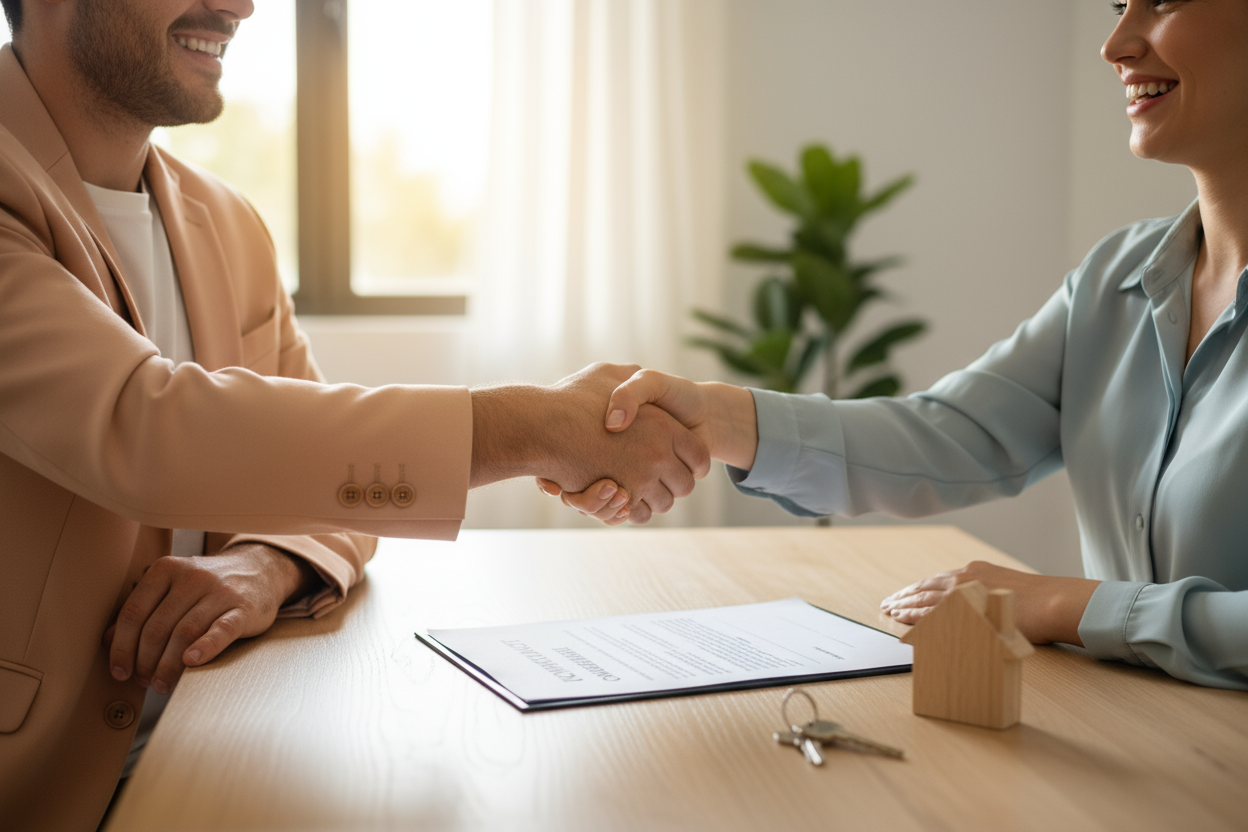 People shaking hands over a contract
