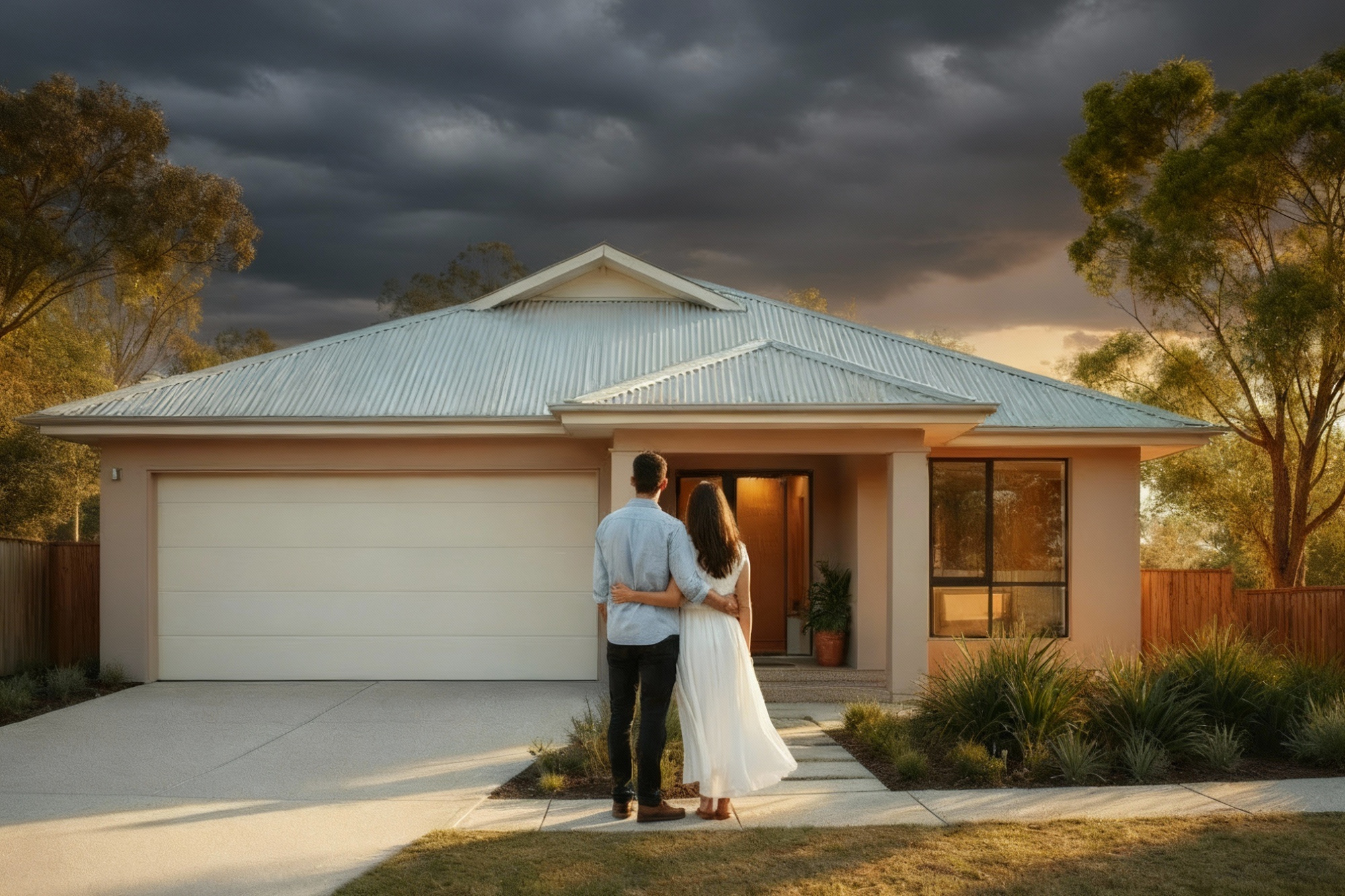 A couple looking at a house with a storm passed A couple looking at a house with a storm passed